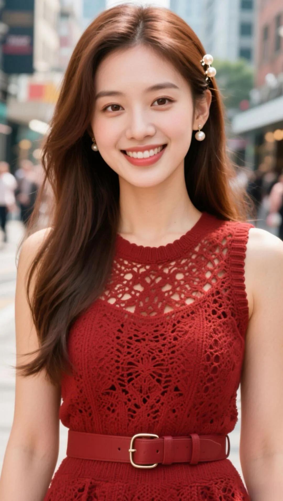 甜美少女风，红色蕾丝连衣裙，都市街拍，微笑动人