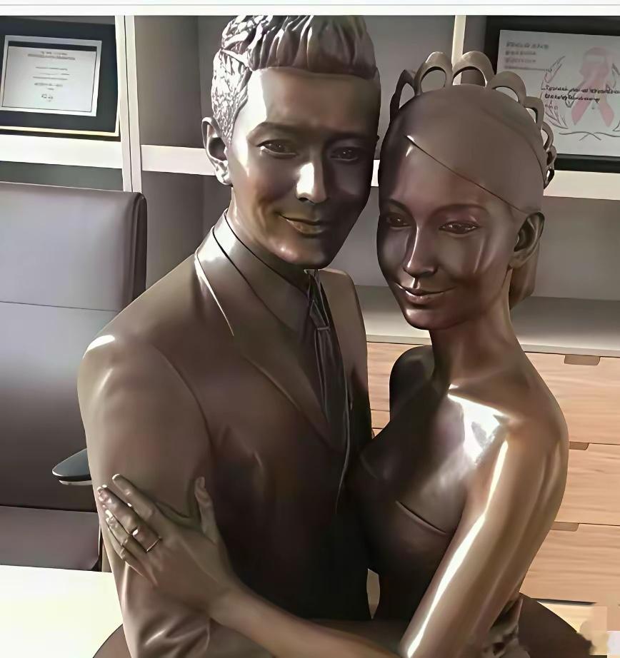 黄晓明为杨颖定做的双人铜像，一直摆在自己的办公室里，这座铜雕根据二人婚纱照等比例