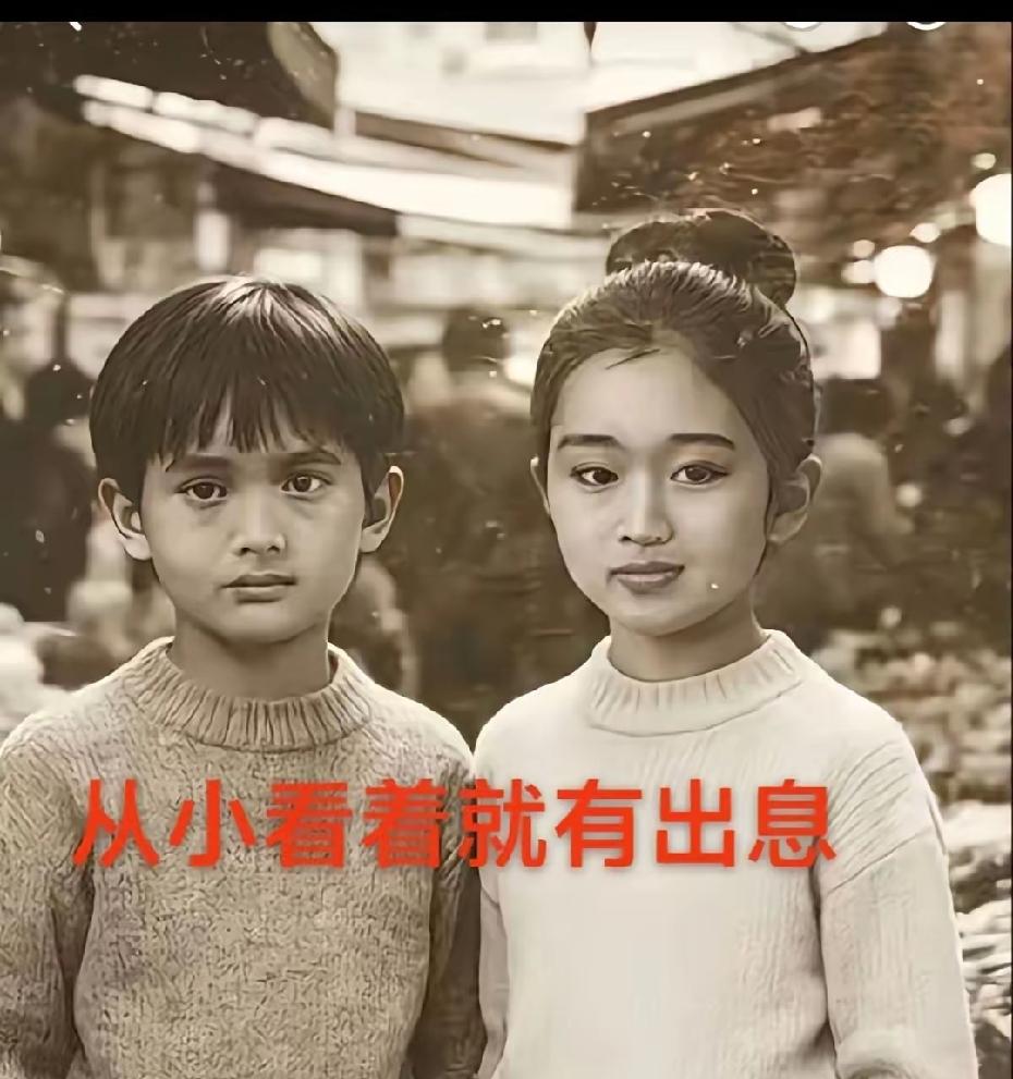 这小男孩双眼大爆皮儿的，长相周正，一眼就能认出是发哥。这美美的小女孩看着有点像巩