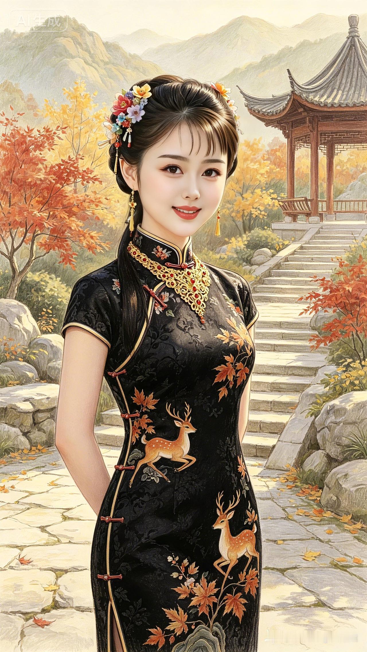 秋园旗袍佳人秋意染园叶泛黄，古亭阶石映残阳。云鬟斜插花枝俏，黑锦旗袍韵味