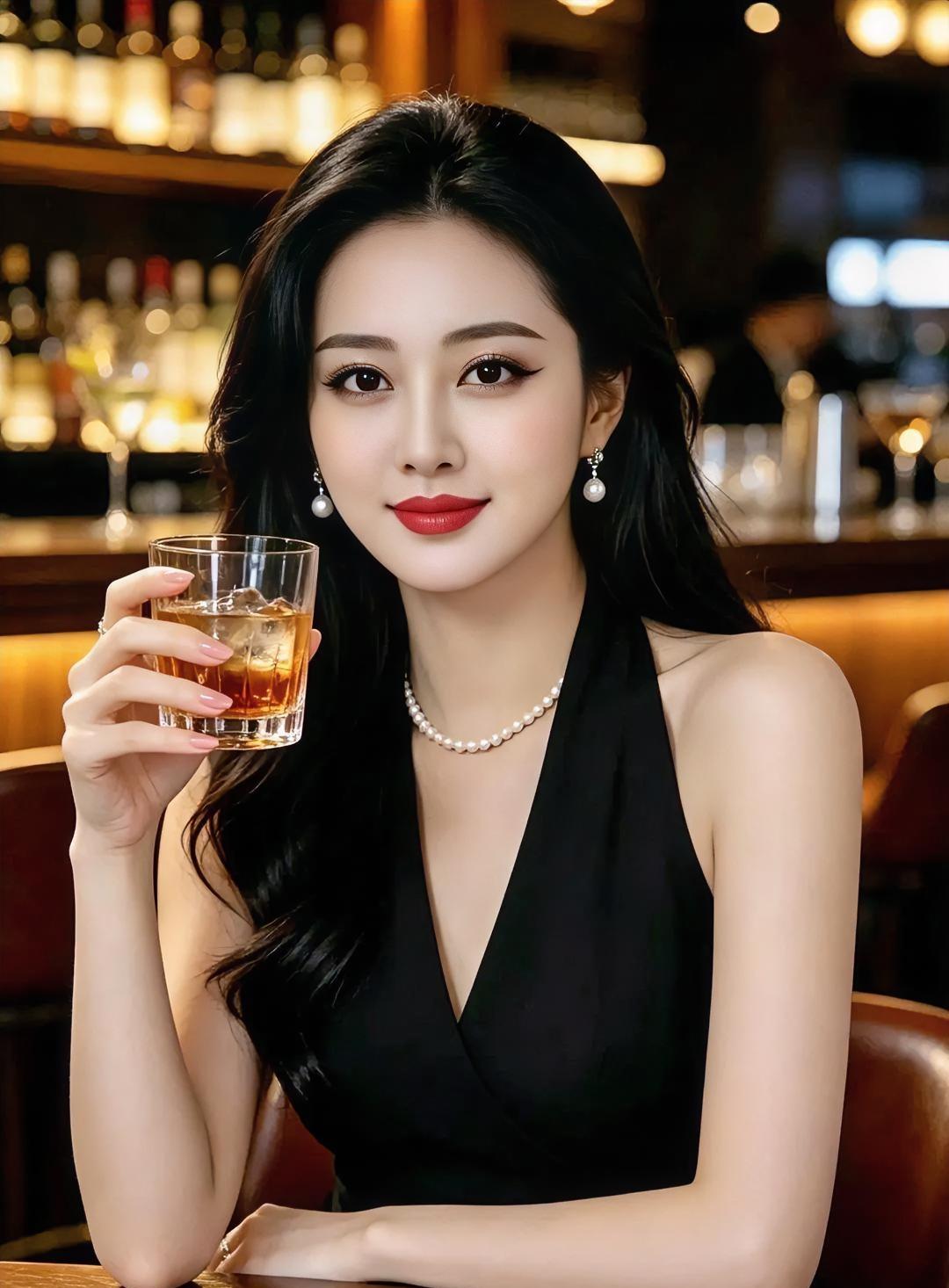 《灯影里的微醺》暖光晕染吧台的夜晚，黑裙轻垂，珍珠串起温婉。杯中琥珀