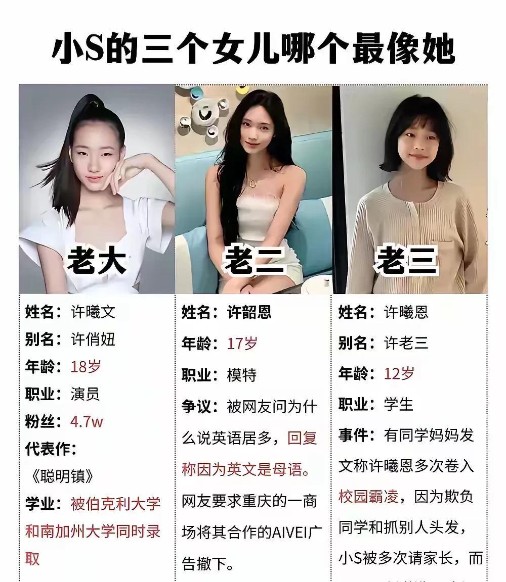 小s和许雅钧结婚19年，只生了3个女儿，大女儿许曦文，目前在美国留学，大s最疼她