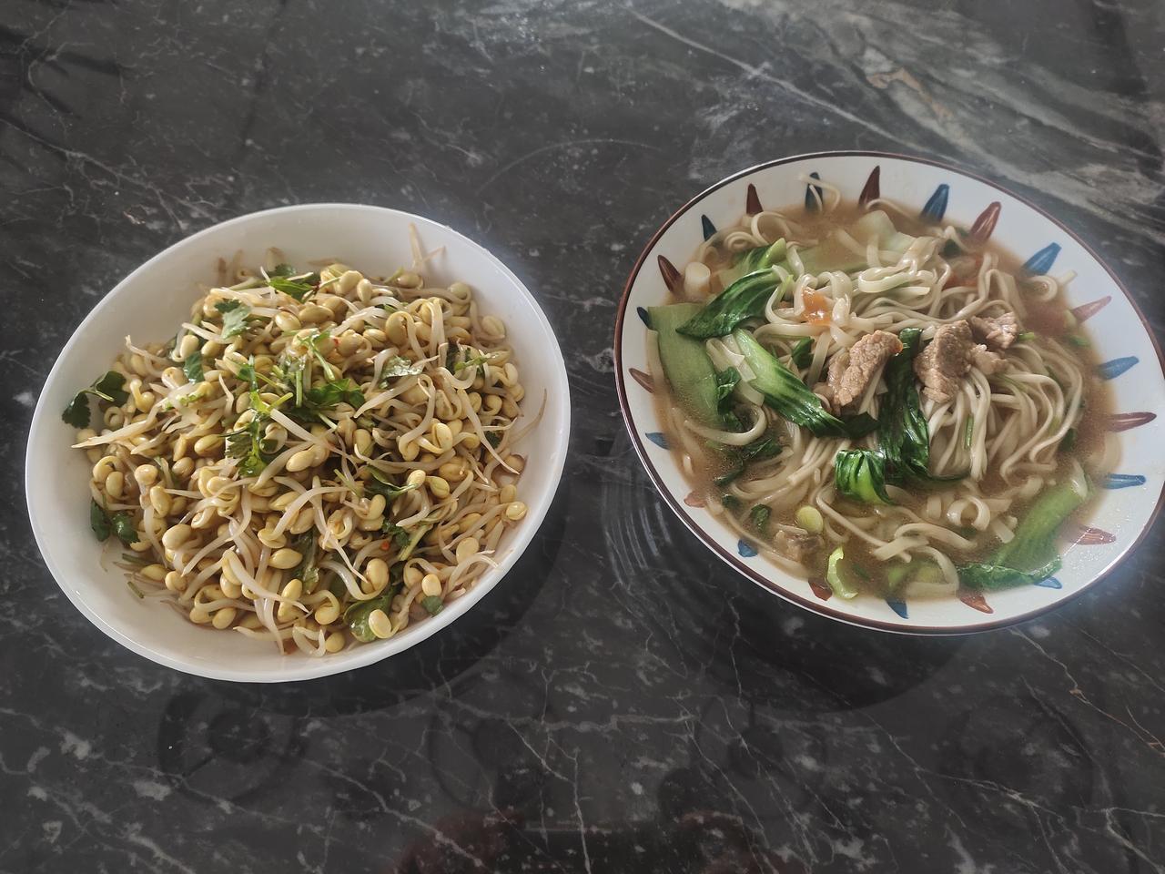 今日午餐，自己动手，丰衣足食，一碗肉丝汤面，一盘凉拌黄豆芽，虽是家常便饭，却美味