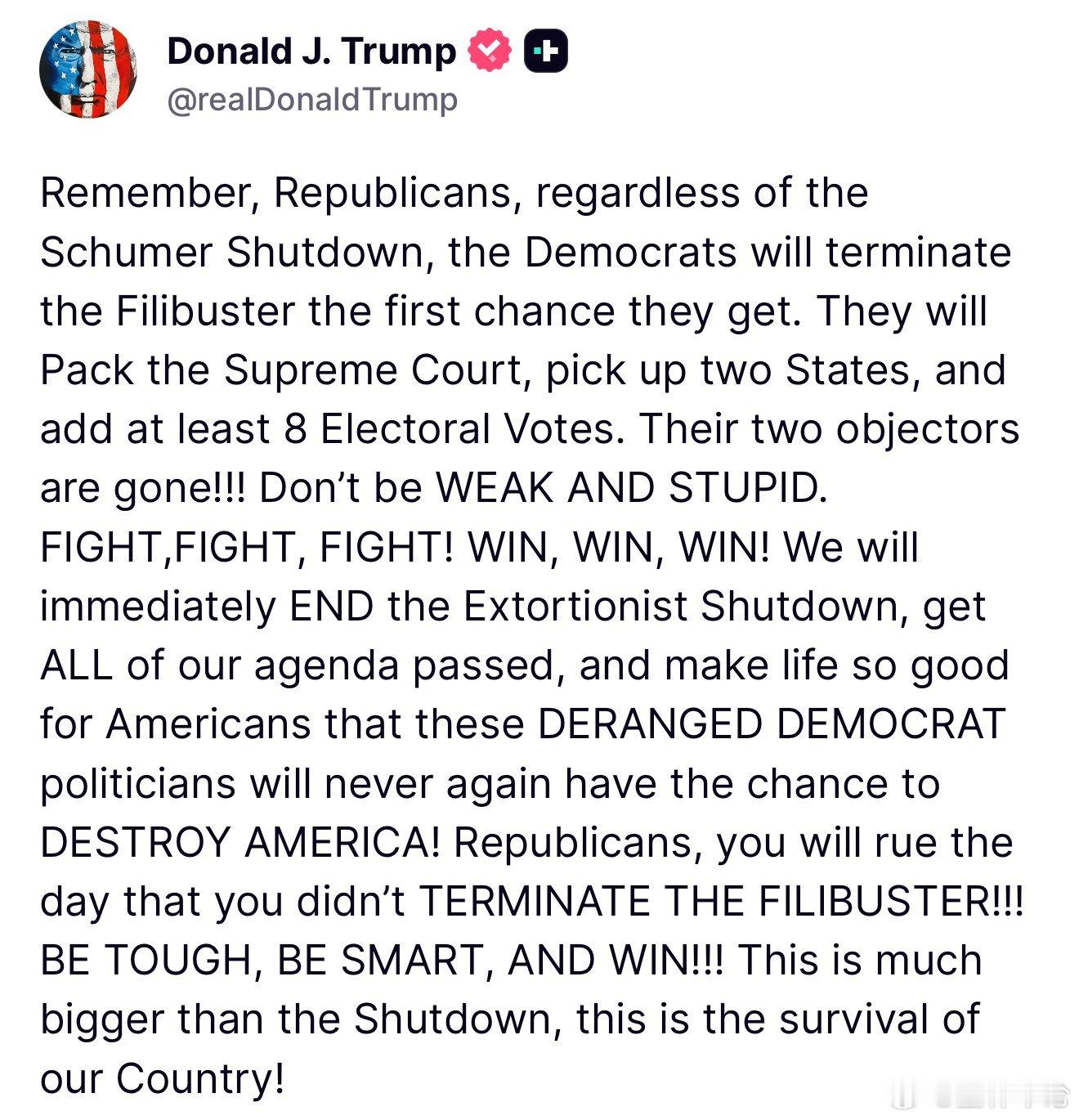 唐纳德·J·川普：记住，共和党人——不论舒默如何推动政府关门，民主党人一旦有机会