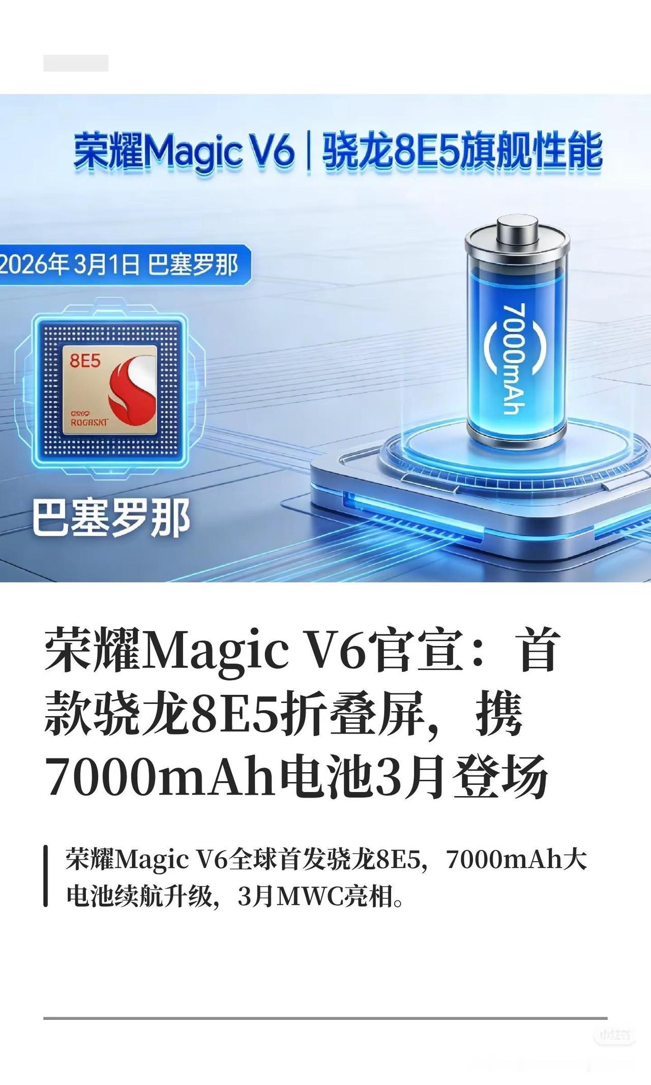 荣耀MagicV6官宣：首款骁龙8E5。文字投稿激励计划荣耀MagicV6