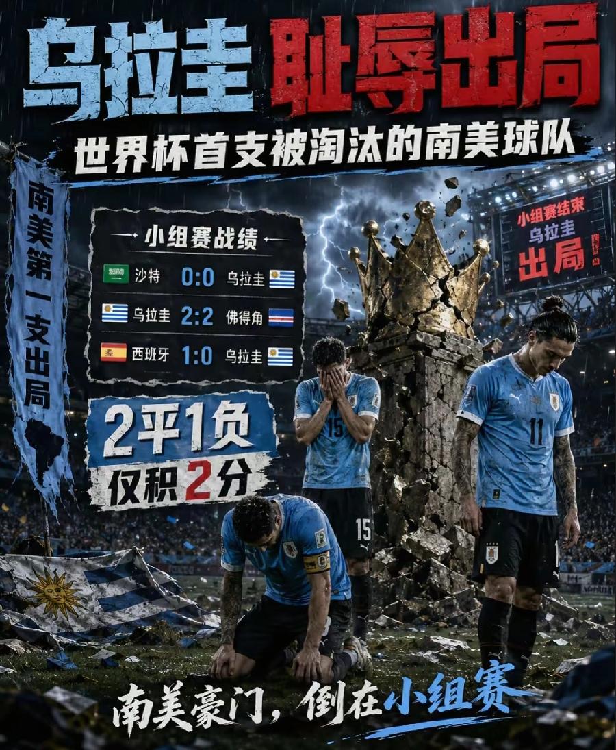 乌拉圭出局，世界排名第16，沙特58、佛得角64，本来小组前二出线无悬念，哪怕小