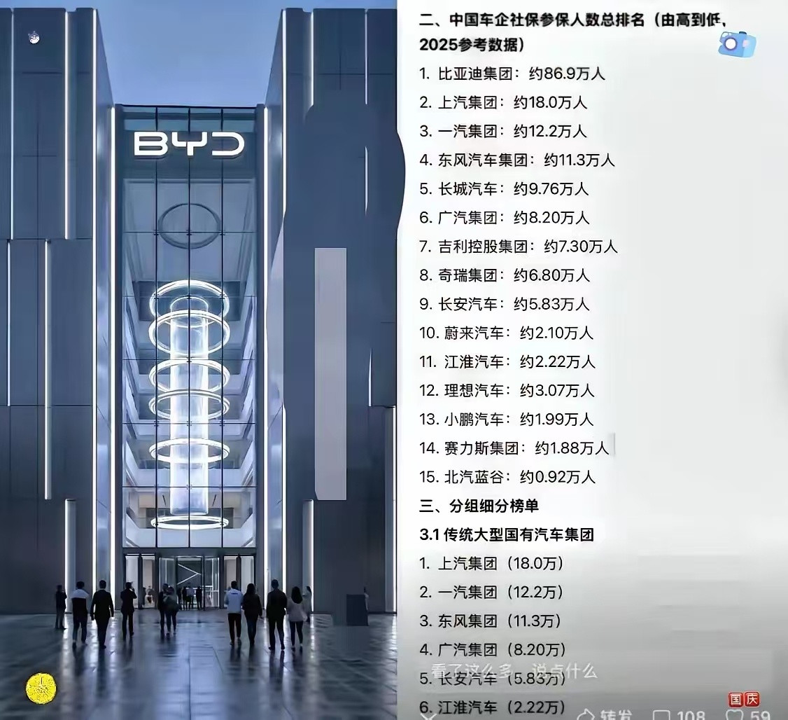 比亚迪又第一？审计一下这个野鸡榜，比亚迪缴社保是第2名到第10名加起来的总和？怎