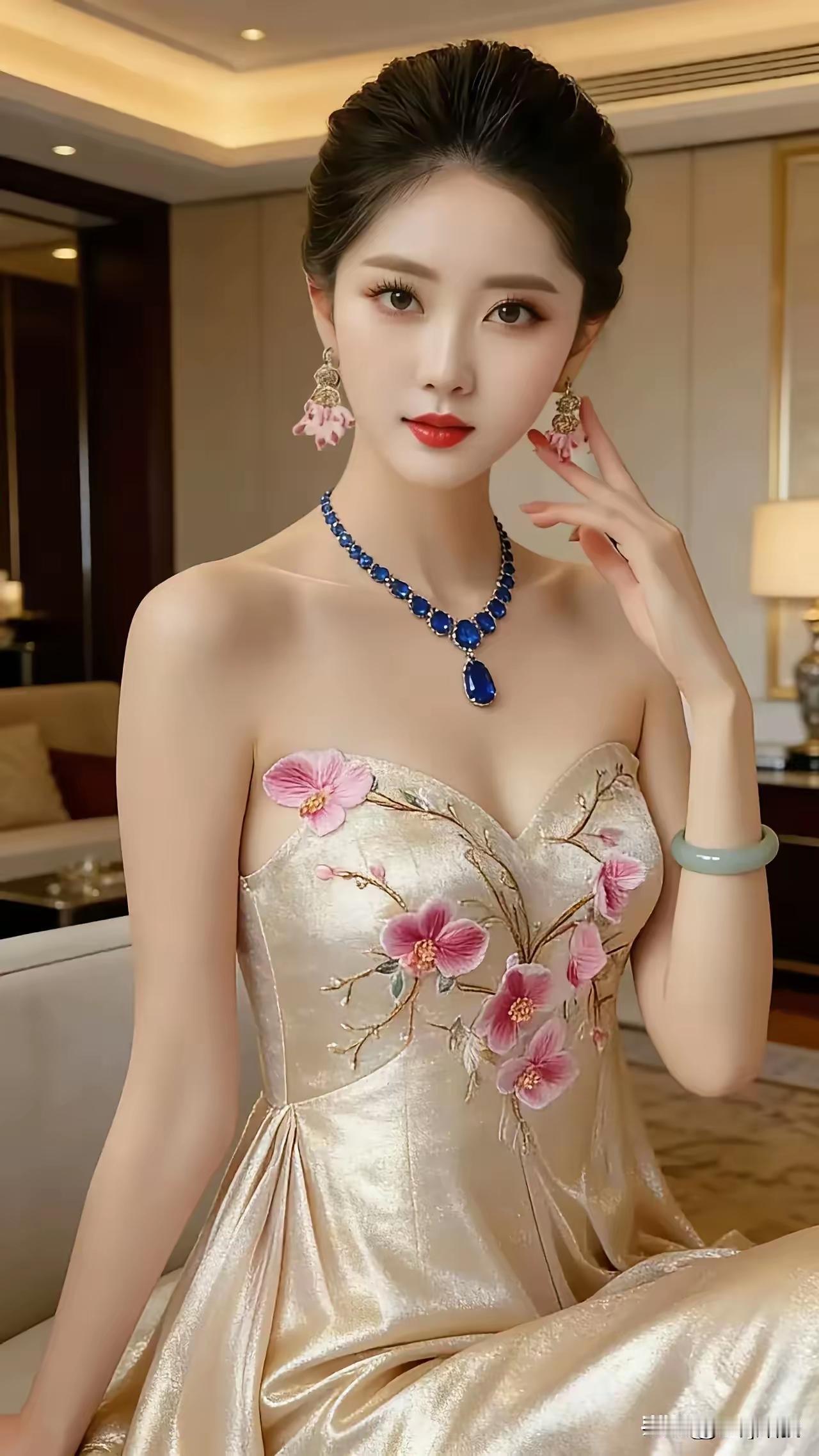 优雅气质，粉色花朵刺绣礼服，蓝宝石项链，完美搭配！