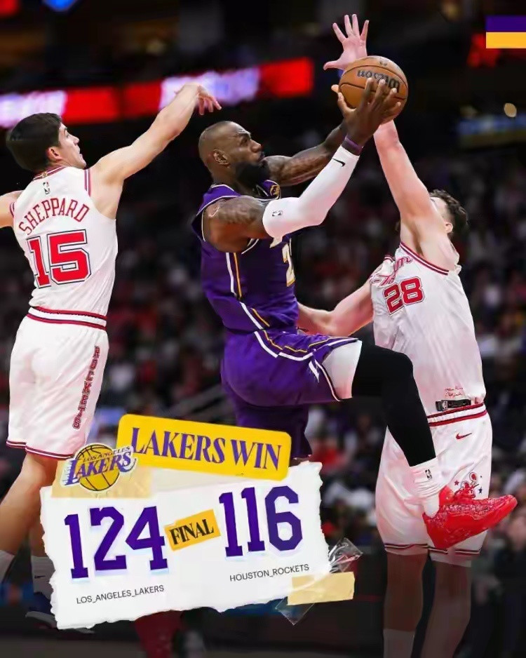 14中13砍下30分！湖人发布赢球海报：封面为詹姆斯上篮瞬间NBA常规赛，湖人客