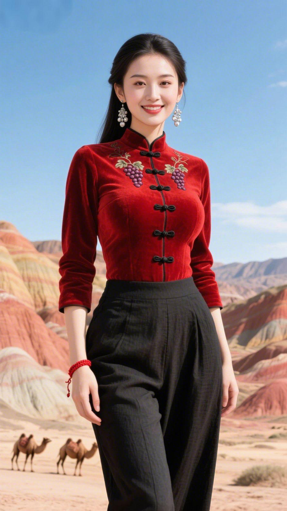《红衫衬丹霞》风裹着沙砾轻响漫过彩丘，她立在晴光里，朱红中式衫浸着丹霞的艳