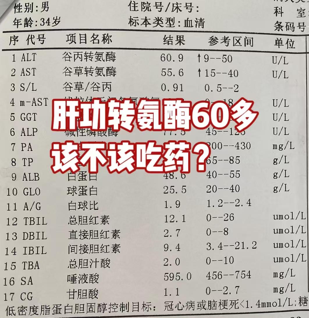 这张肝功能报告单中的谷丙转氨酶升高到了60多，超出了正常范围，属于轻度...