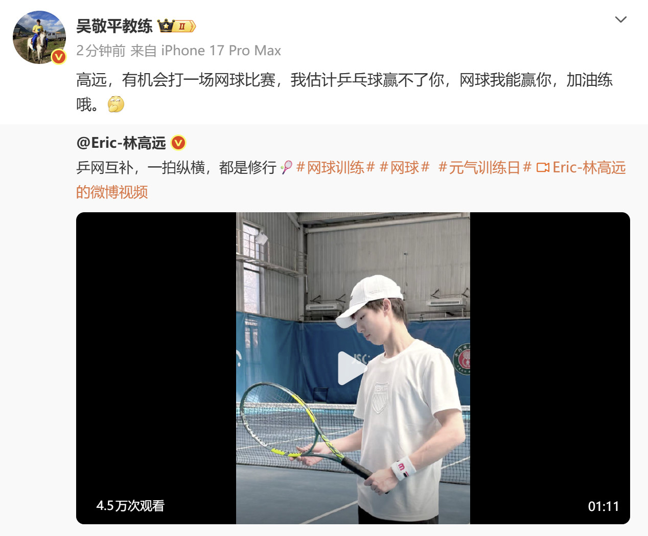 #吴敬平约林高远打网球#转发林高远与王蔷学习网球的博文，向林高远发出了网球邀约