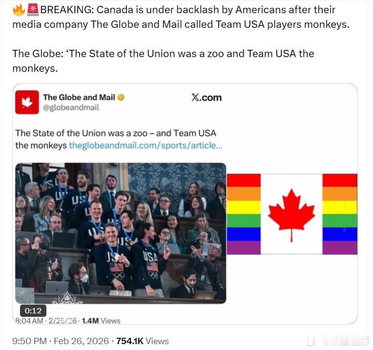 加拿大正因《环球邮报》称美国队球员为“猴子”而遭到美国人的强烈反弹。《环球邮报》