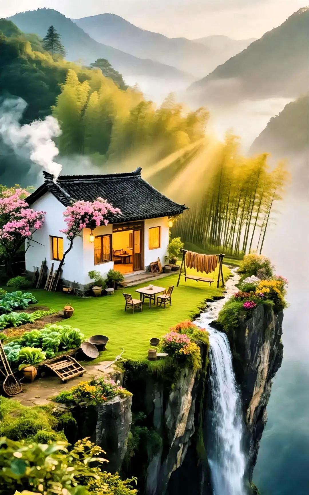 世外深山隐小楼，炊烟袅袅木屋头。门前瀑布飞崖下，………………[啤酒][万柿