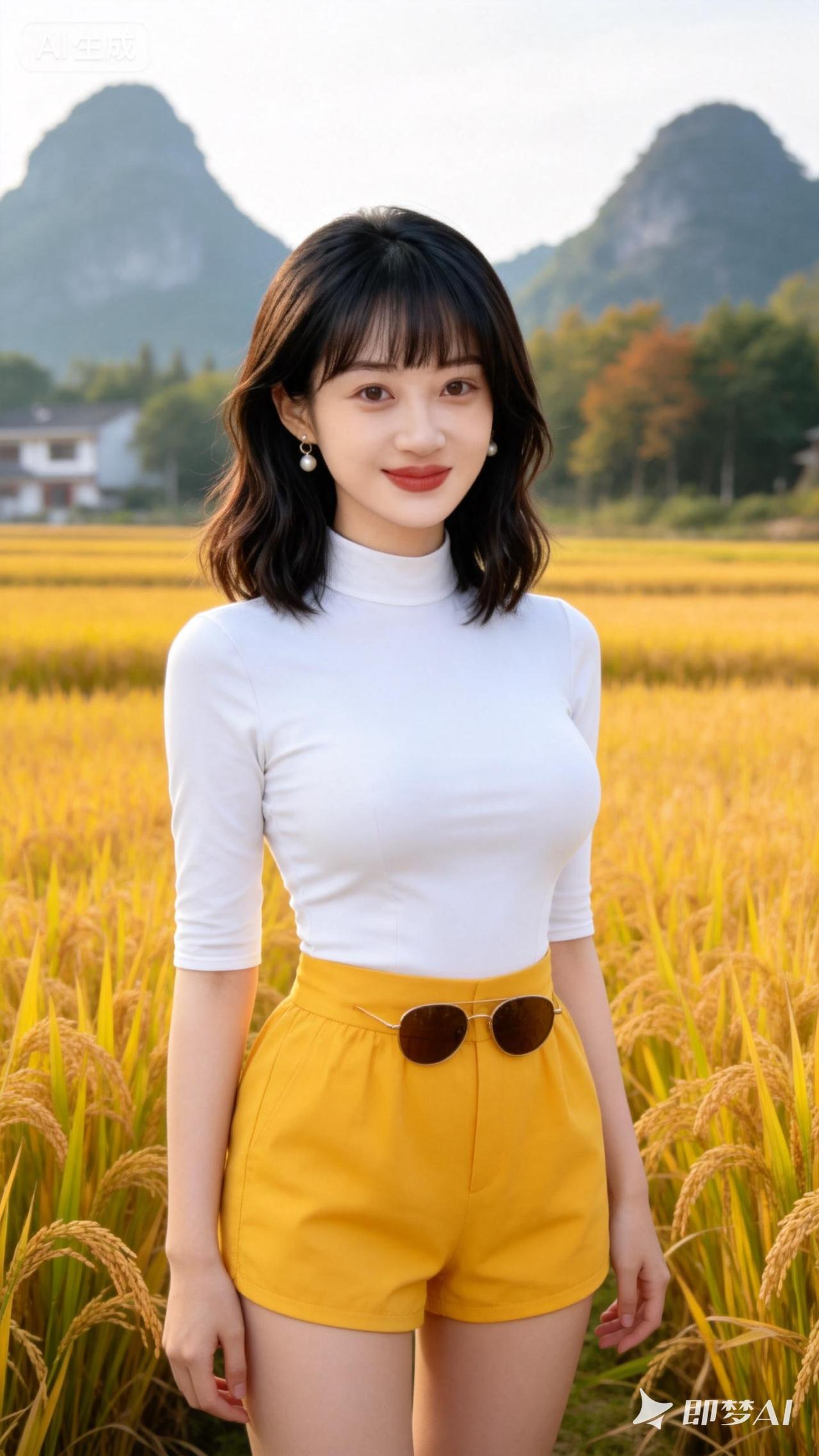 在金黄的田野中，穿白色上衣和黄色短裤的少女，笑容甜美，背景是连绵的山峦。
