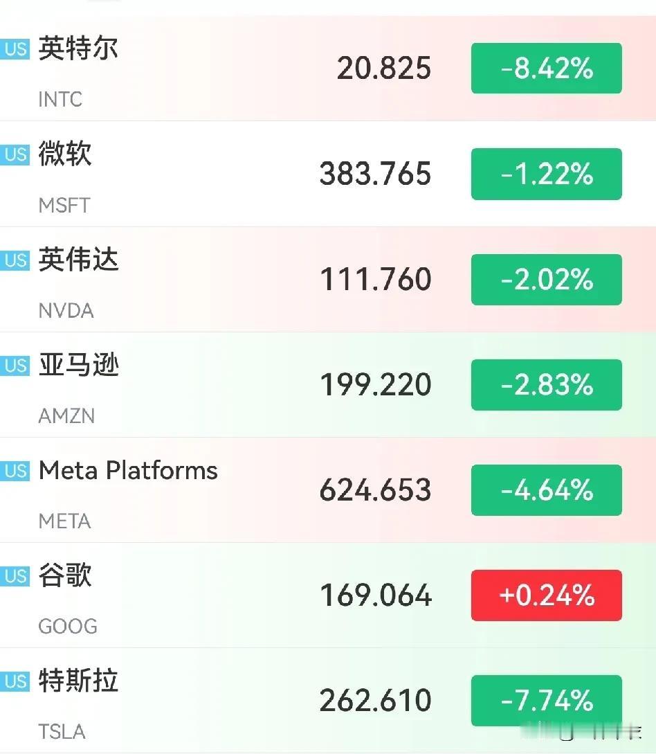 美股的七朵金花，绿了6个。特斯拉、英特尔，大跌8%。英伟达继昨天大跌8%以上