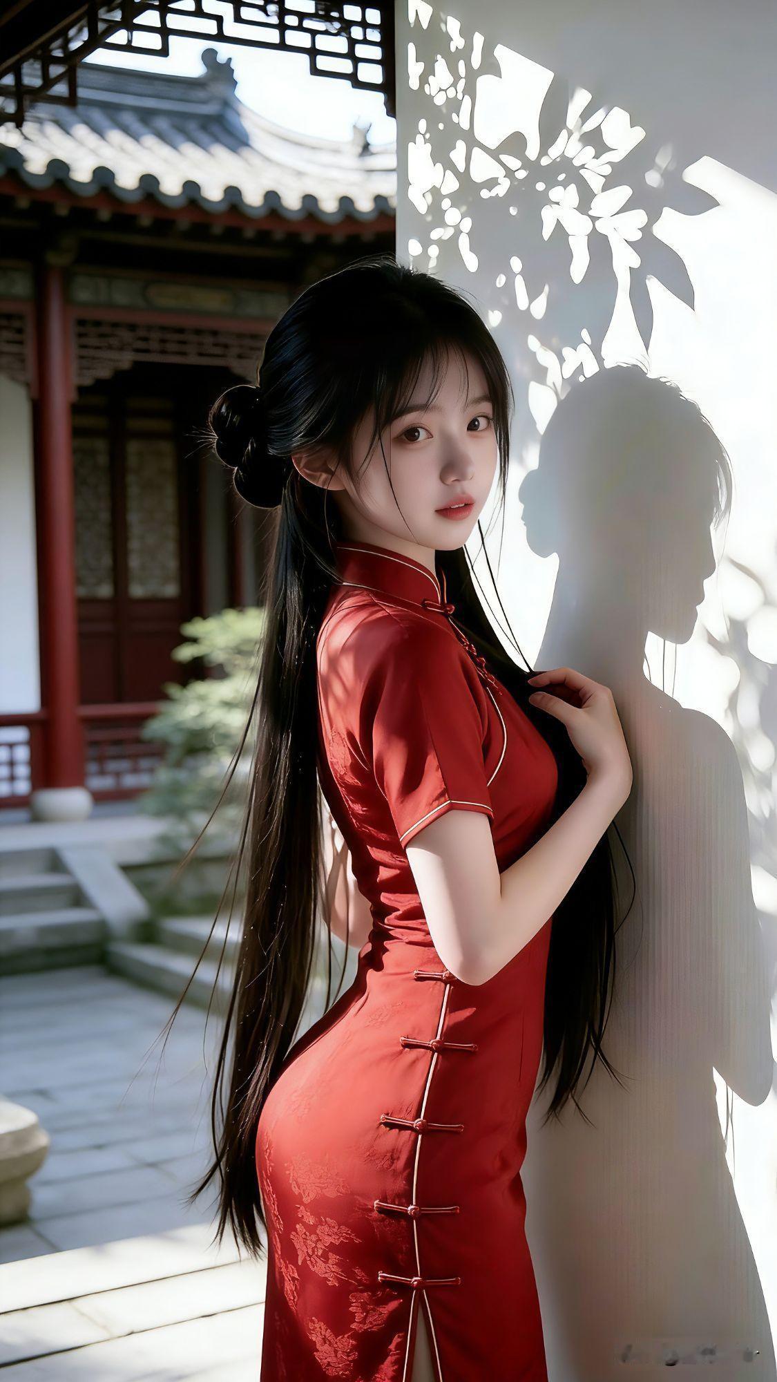 红衣少女与传统庭院，光影交错，古典韵味十足。古韵红衣女神红衣古风少女红衣少女
