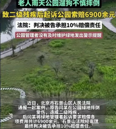 北京，雨天后，闫大爷遛狗时为抄近路踏入公园绿地，不慎滑倒摔成2级伤残。大爷认为公