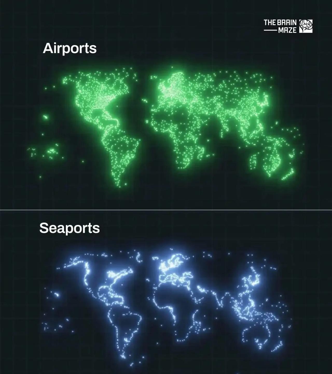 这是世界空港和海港夜景点位图，可以看出发达国家或地区都是空港海港兼优。海港方面