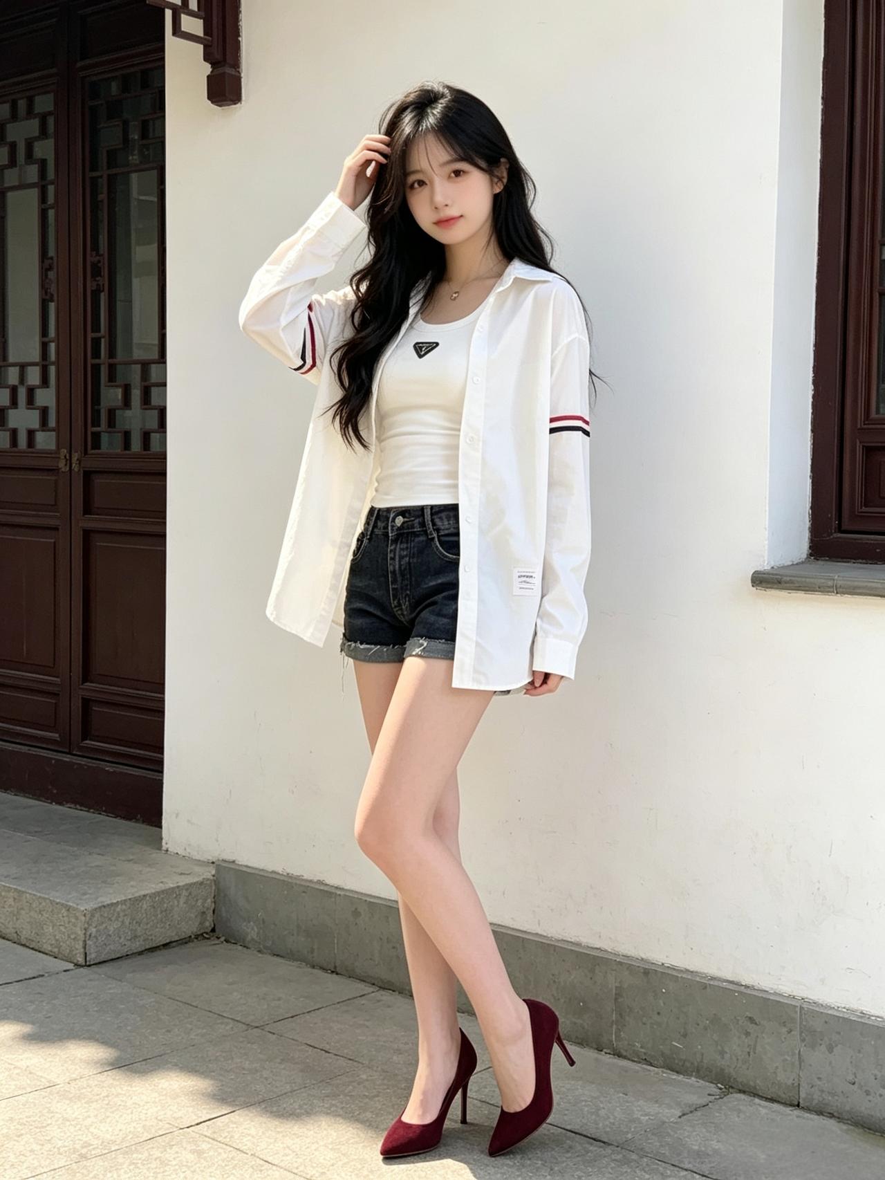 女人怎样穿搭，更显气质白衬衫配牛仔短裤，慵懒又时髦！脚踩红漆皮高跟鞋，腿长两米既
