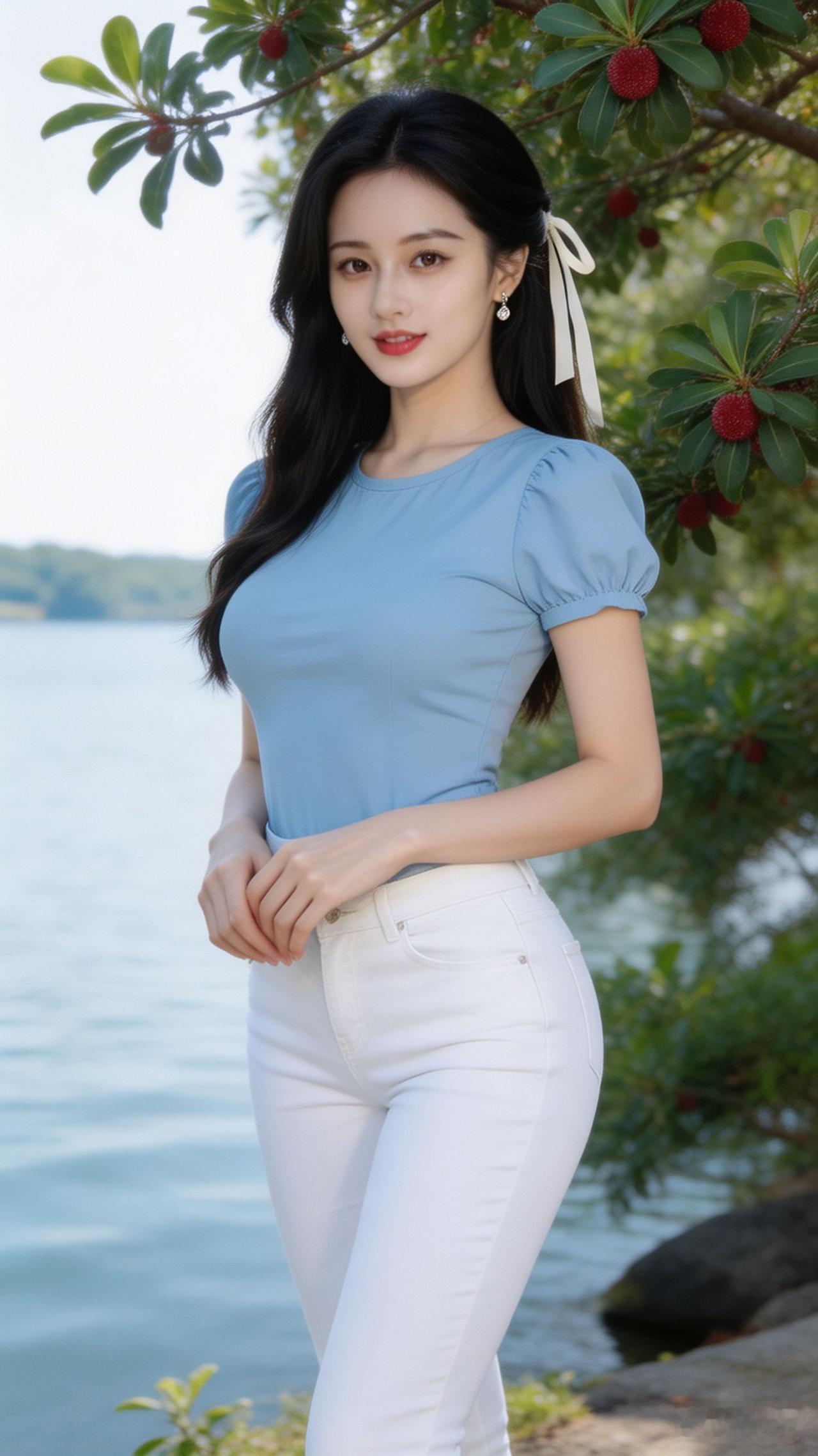 湖畔少女，清新蓝白穿搭，自然美景相伴
