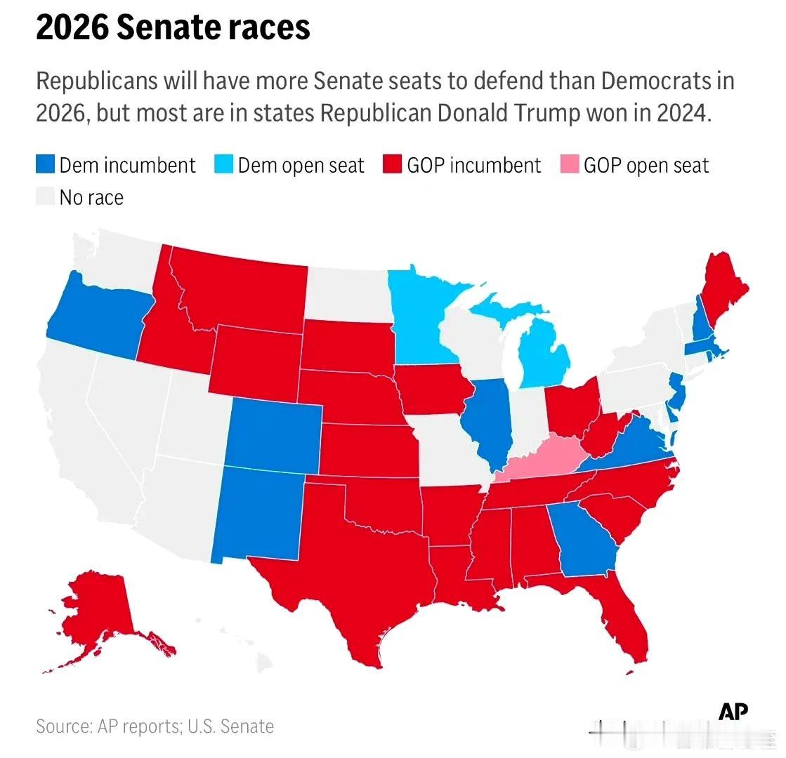 2026中期选举，共和党参议员需要竞选连ren的，多于民主党，但基本都在2024