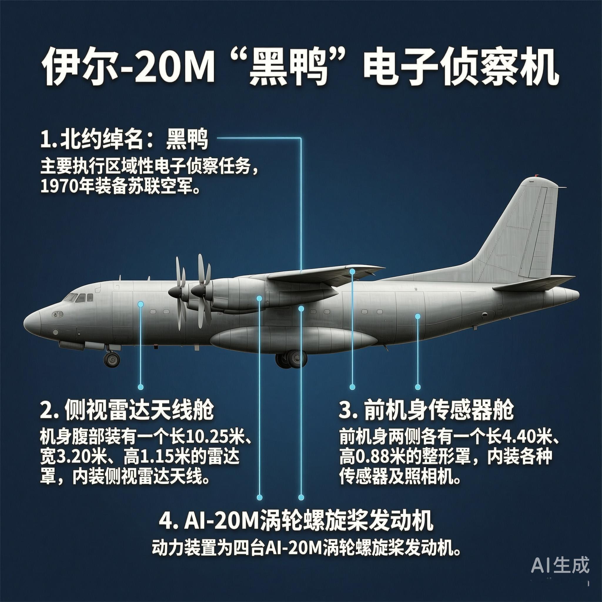 军事ai新视野伊尔-20M“黑鸭”侦察机［苏］机长：35.9米翼展：37.42