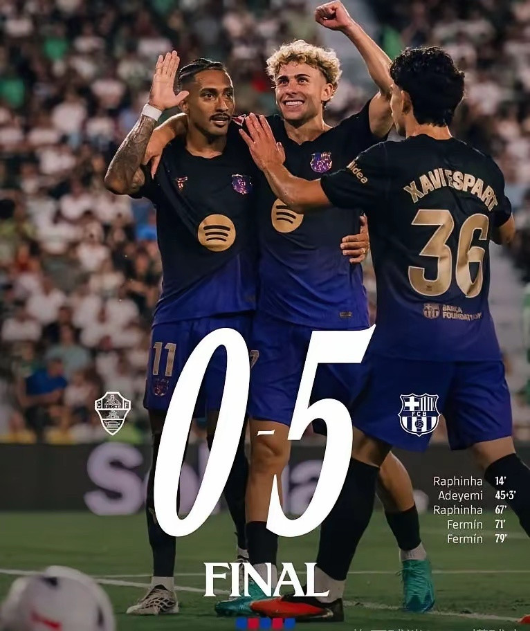 5-0横扫巴萨埃尔切，喜迎新赛季开门红。拉菲尼亚与费尔明双双梅开二度，阿德耶米斩