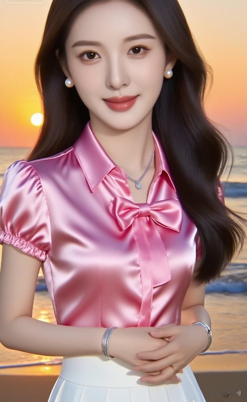 温柔粉丝缎面衬衫，海边甜美少女风