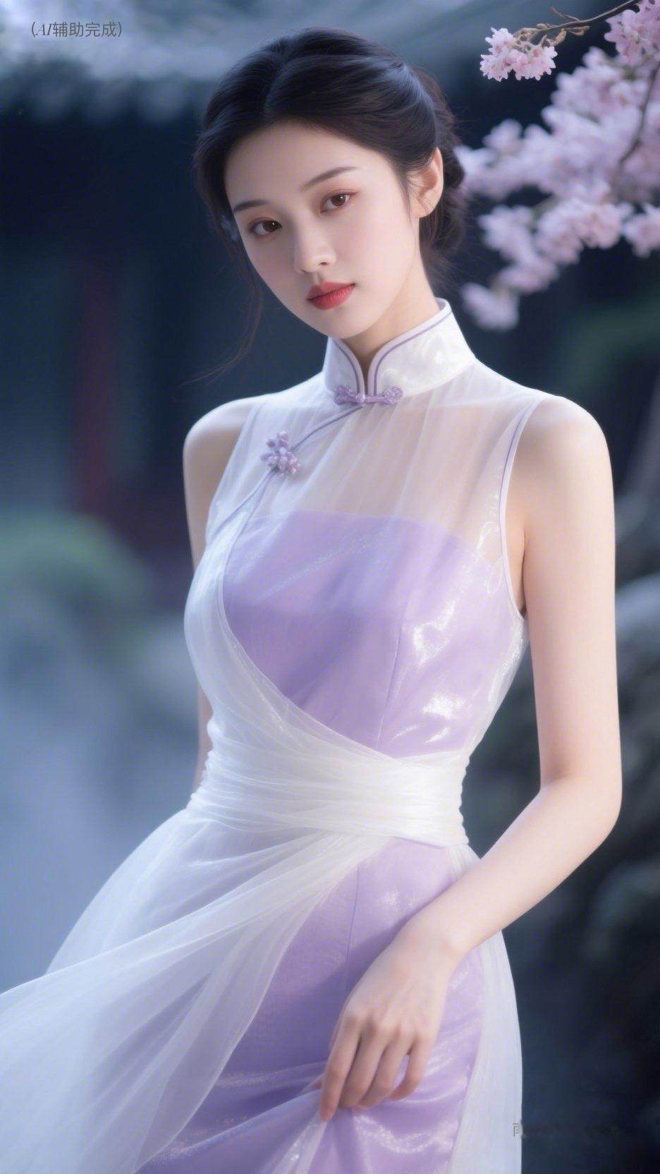 淡紫旗袍缀盘扣，白纱轻笼显曼妙。发髻典雅发丝柔，轻触衣襟或捏扣，眉眼含笑态温婉。