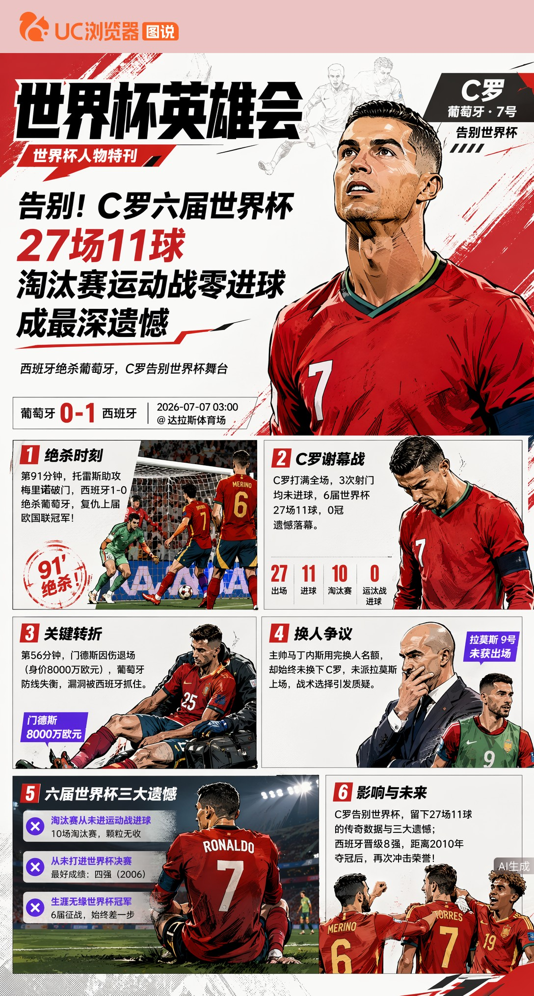 告别！C罗六届世界杯27场11球，淘汰赛运动战零进球成最深遗憾
