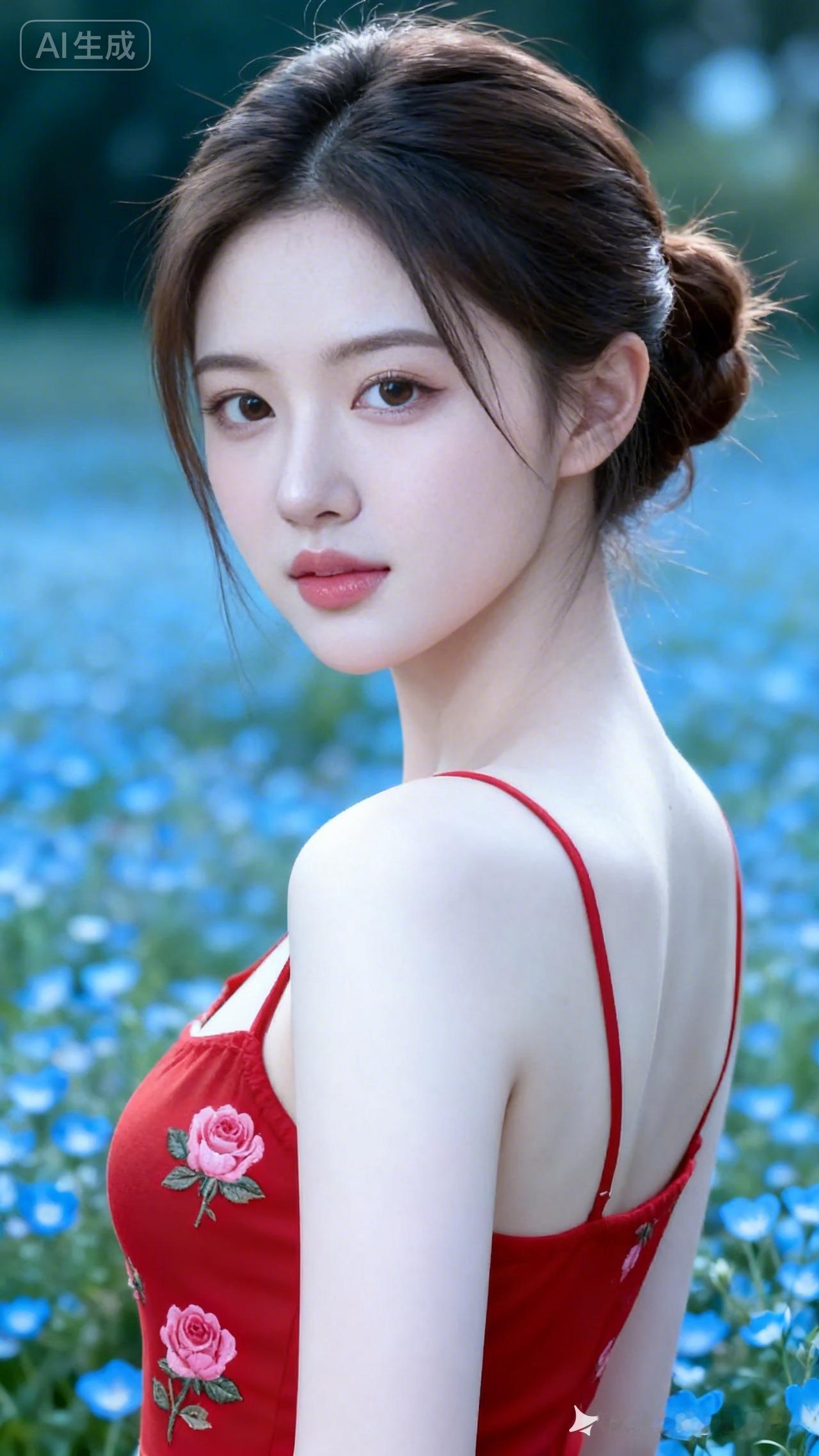 大美女棕发简约盘发，尖下巴比例匀称，冷白陶瓷嫩肌，精致淡妆，红吊带缀粉玫瑰刺绣，