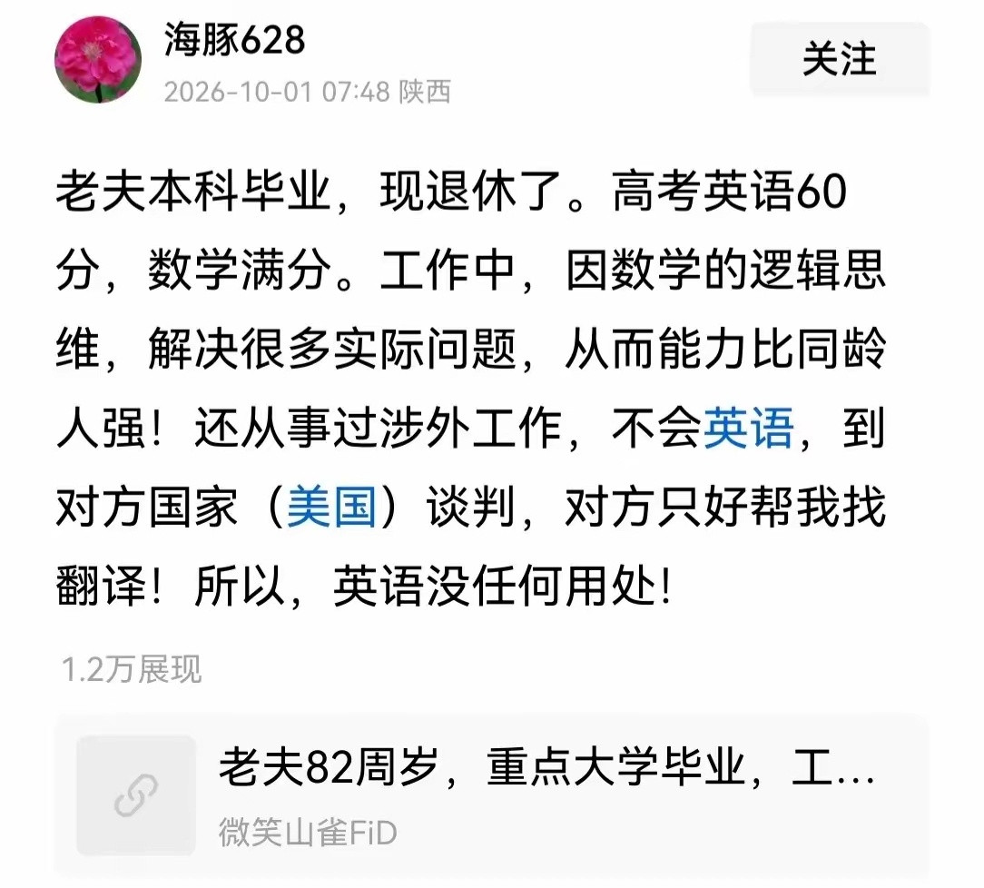 这是我见过主张“英语没用”最绝的总结：“我不会英语，但逻辑思维强，解决问题的能力