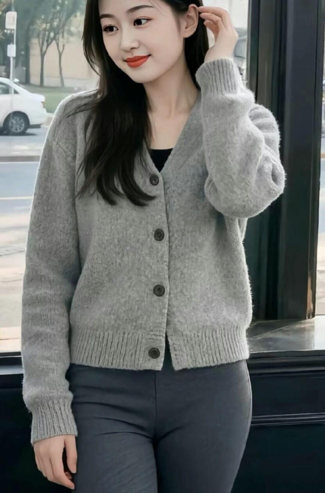 温柔冬日穿搭，灰色毛衣搭配黑色高腰裤，简约又时尚！