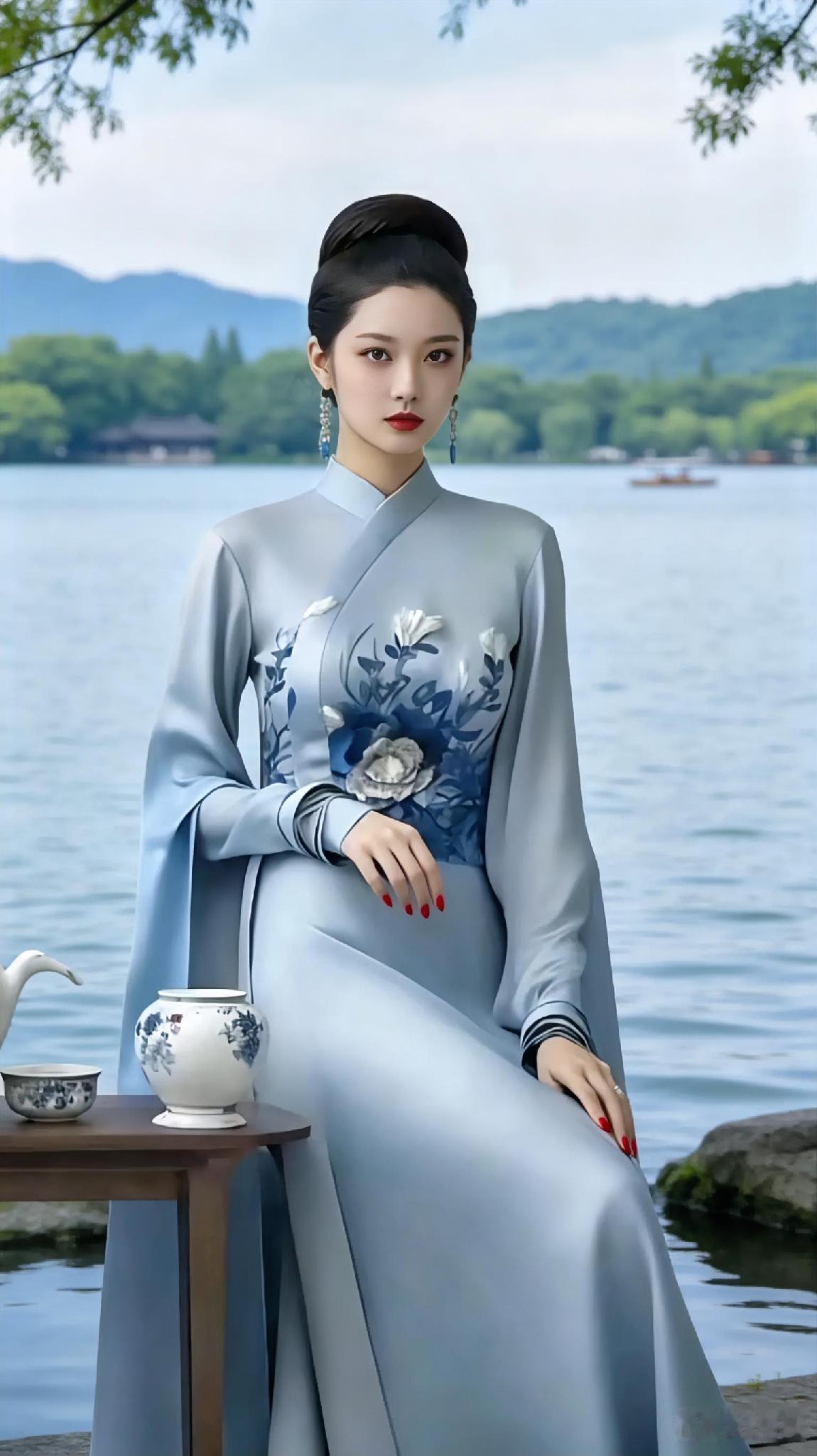 “古风美人湖畔静坐，蓝衣飘飘，韵味十足”🌸💙🍃湖畔绿裙照湖边汉服美人