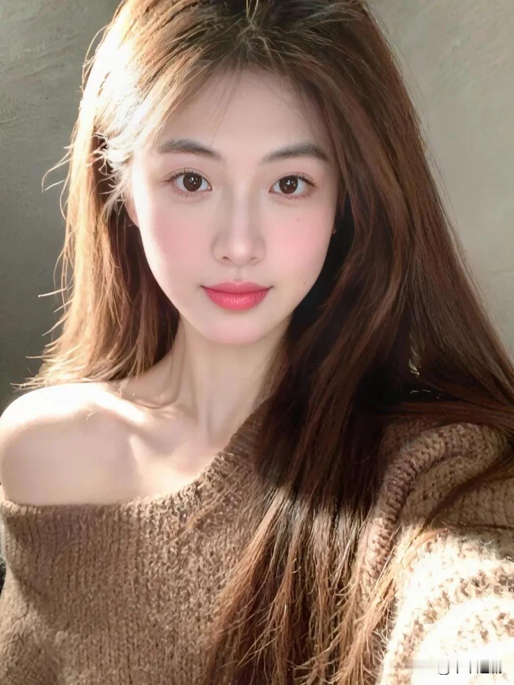 咖色针织裹着慵懒温柔，暖棕长发在暖阳里漾着清甜光泽，抬眸间是属于午后的松弛氛围感