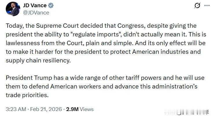 美国副总统JDVance发文声援川普，称最高法的裁定是不法行为。“今天，最