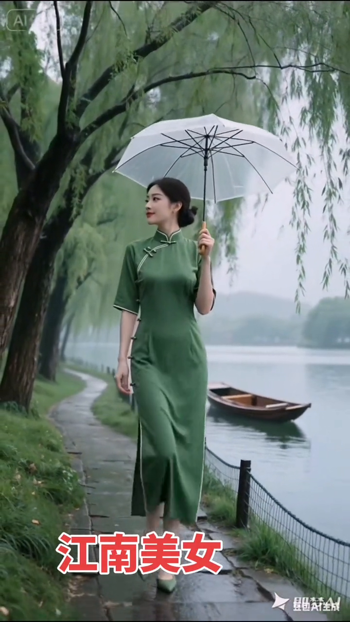 江南烟雨中的温婉美女，撑伞漫步在湖边小径。江南美女