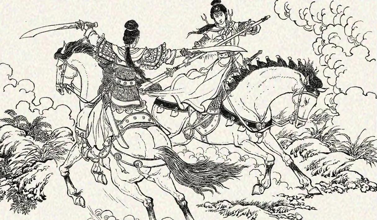 梁山兵马攻打丰田镇，镇上有位女将用飞叉连胜数阵。一丈青扈三娘舞动双刀杀向女将，两