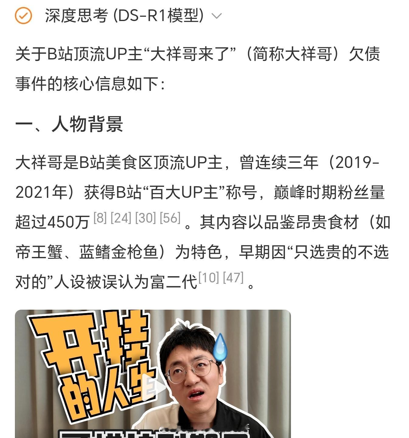 B站曾经顶流UP主现在欠账几百万DeepSeek，几秒钟，就总结了这个哥们的