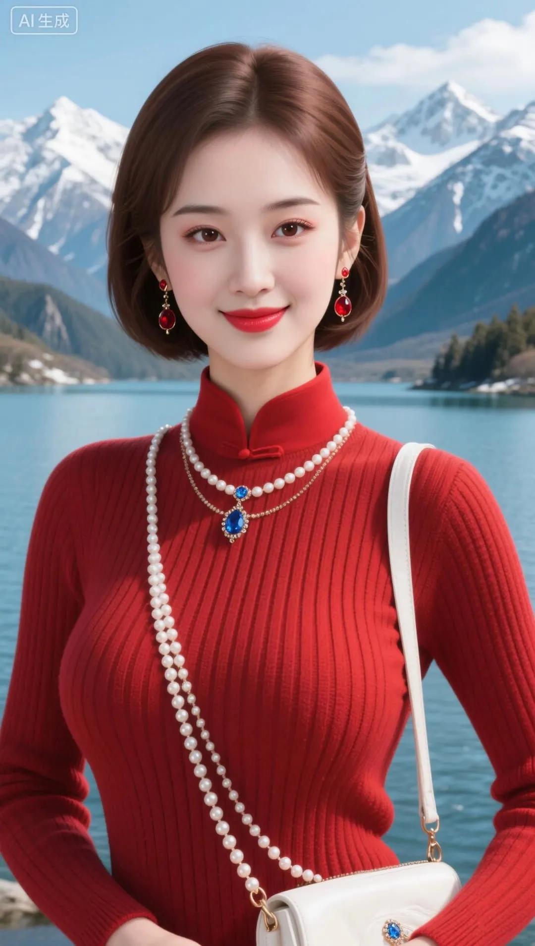 冬日暖阳下的红衣美人，雪山湖泊作背景，尽显优雅与魅力。