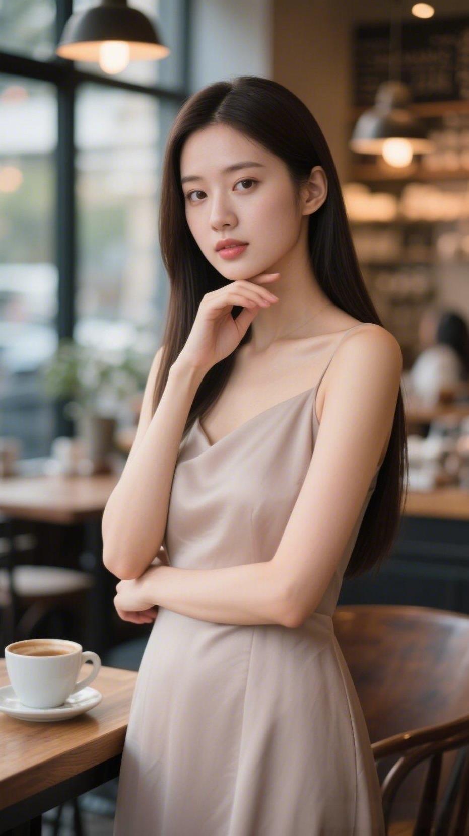 在咖啡馆里，沉思的少女与咖啡的邂逅