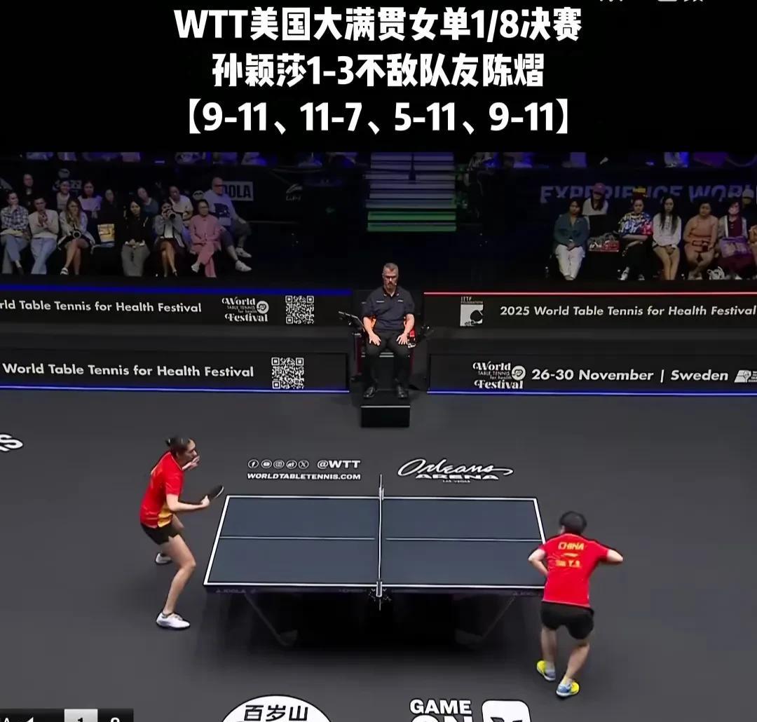 WTT美国大满贯女单1/8决赛，孙颖莎1-3不敌队友陈熠。两人比赛时前国手，前国