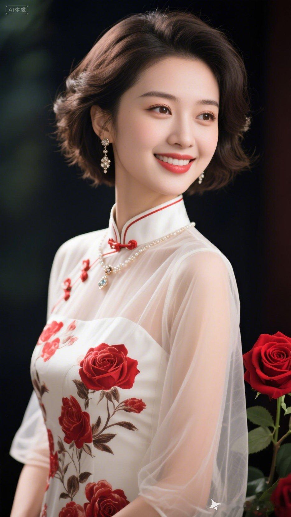 优雅旗袍，红玫瑰相伴，东方美人韵味十足