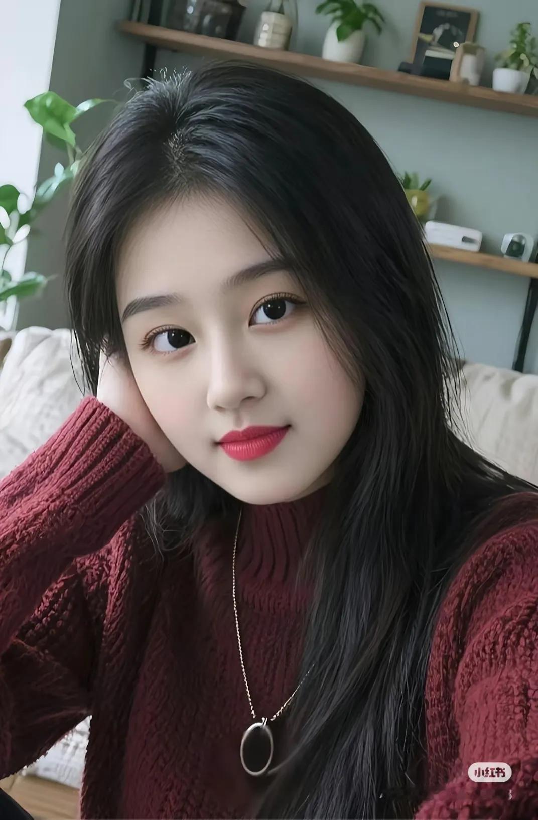 温柔甜美的居家自拍，红唇与毛衣相得益彰街拍高清美女