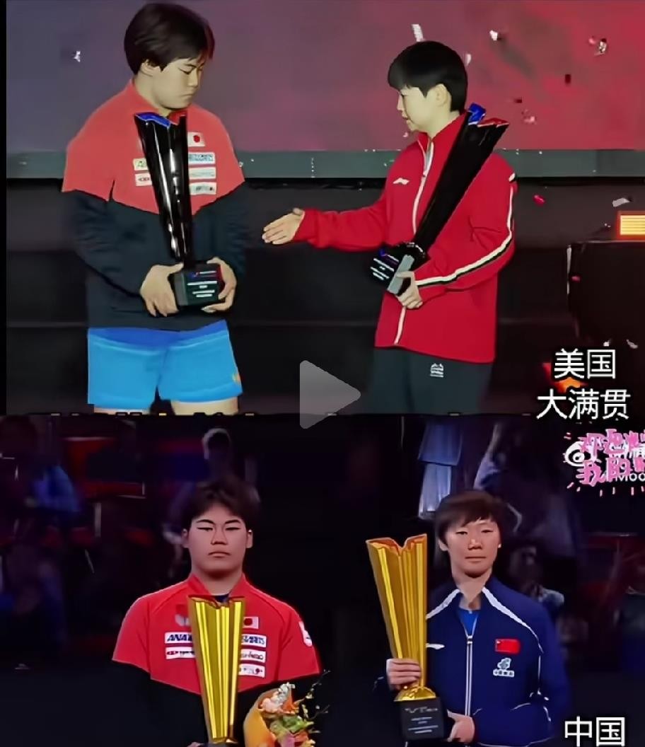 两场颁奖合影被剪在一起，松岛辉空成了那把尺子。美国大满贯赛后，孙颖莎上台，主动伸手，松岛辉空才跟着握