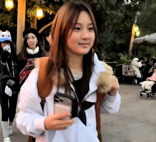甜馨现身游乐园，脸蛋圆润酷似贾乃亮。一身格子裤配运动装，尽显13岁初中生的纯真模