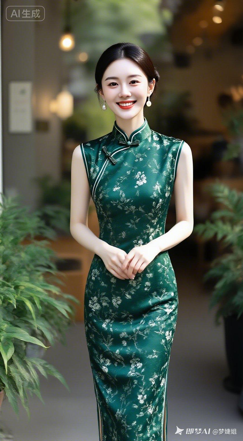 佳人五官精致，低盘发配珍珠耳饰，墨绿碎花苏式无袖旗袍勾勒沙漏身姿。逆光交织伦勃朗