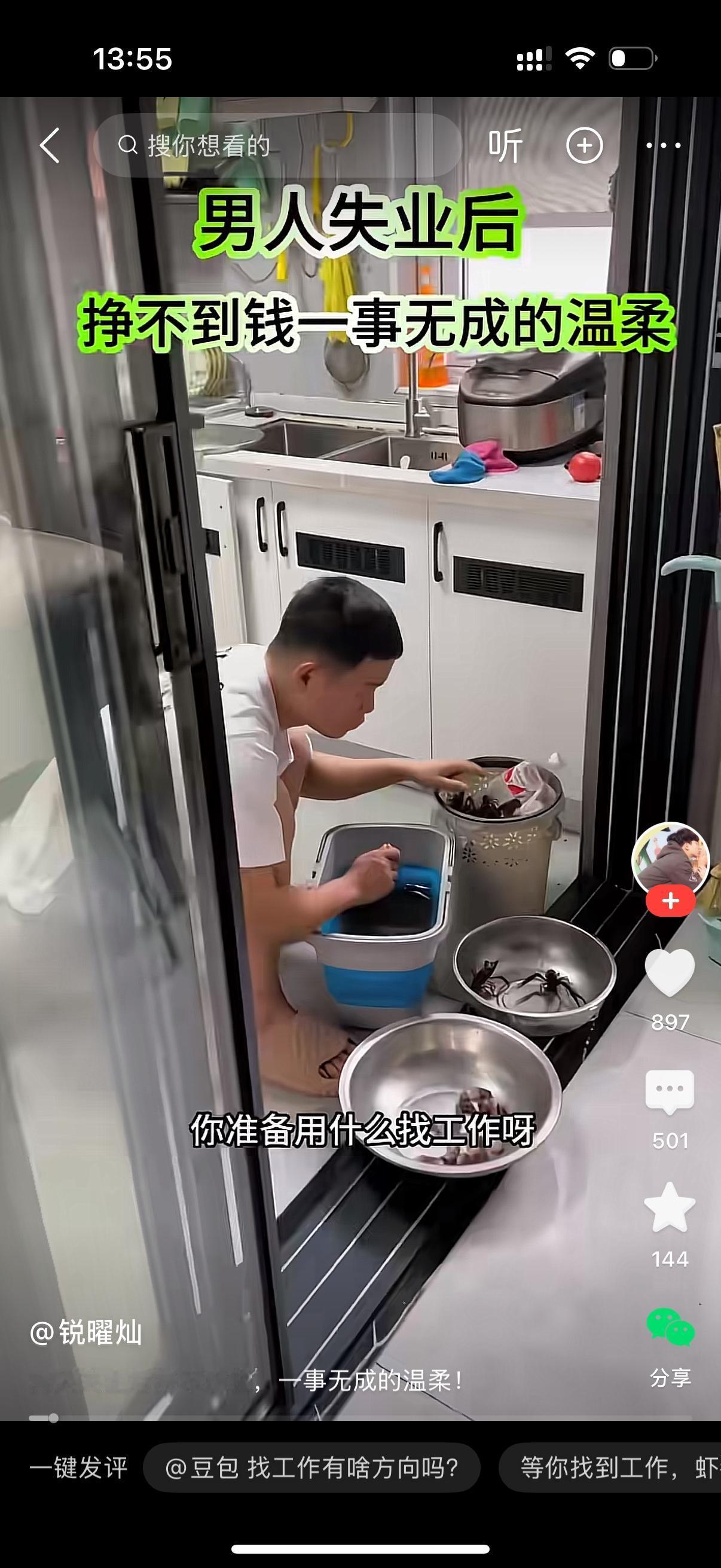 女人说，那你到底打算怎么找工作啊。房贷快到期了。男人说，晚上我给你做虾吃。我明