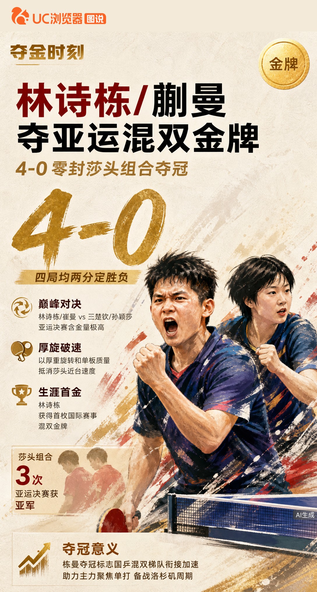 4-0零封莎头！林诗栋/蒯曼拿下职业生涯首枚国际赛事混双金牌。四局比分均两分定胜负，栋曼用旋转和质量